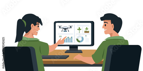 People Analyzing Agricultural Data on Computer Illustration. People Working on Farm Data Analysis. Office worker discussion.