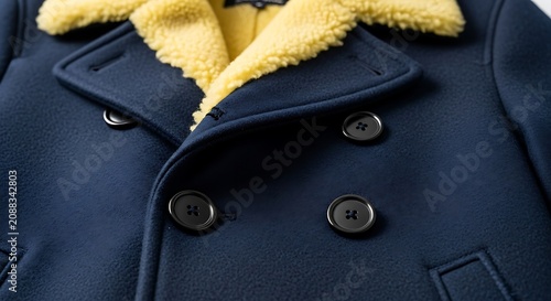 Dark navy coat with yellow fur-lined collar and button closure detail.