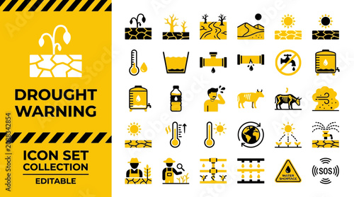 Photos Drought warning icon set including water shortage and climate change