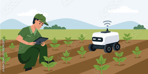 Farmer Using Tablet with Agricultural Robot in Field Illustration. Smart Farming with Farmer and Agricultural Robot.