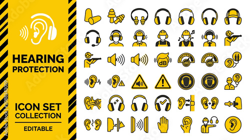 Schilderij op canvas Industrial hearing protection and noise safety icon collection