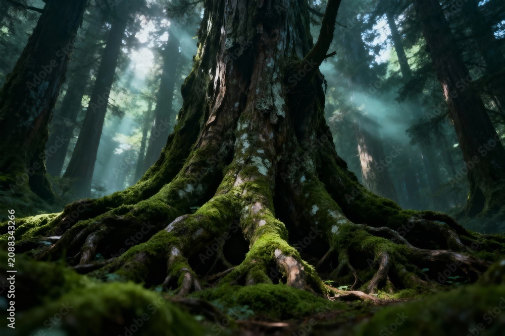 Fototapeta premium Moss-covered tree roots in a misty forest with sunlight filtering through the canopy