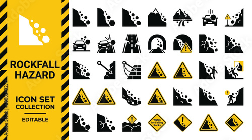 Fotografie Rockfall hazard and falling rock icon set for road and mountain safety