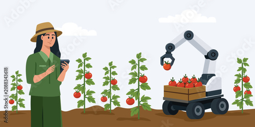 Woman Using Tablet for Robotic Tomato Harvesting. Woman Monitoring Agricultural Robot with Tablet. Smart Farming with Woman Controlling Harvest Robot.