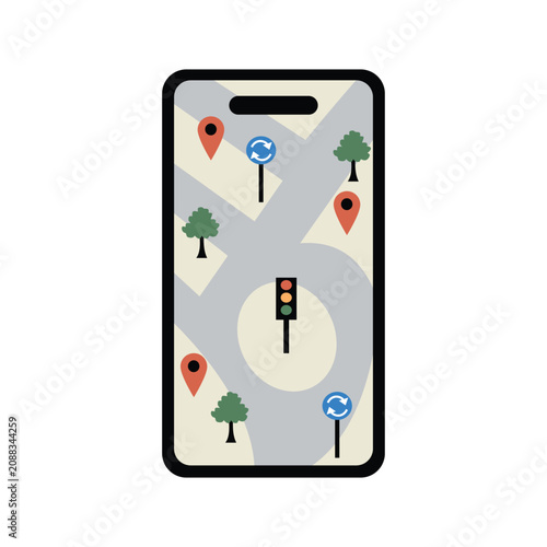 Smartphone Displaying Map with Navigation Illustration. Digital Map Navigation on Mobile Phone. GPS Navigation on Smartphone Screen.