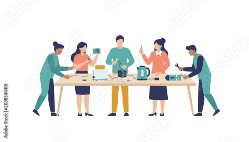 Diverse group of individuals gathered around a communal workbench to perform repairs on broken small home electrical appliances and devices.
