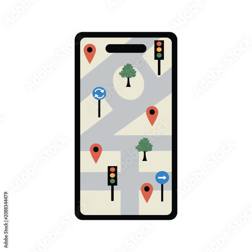 Smartphone with Map Interface Flat Design Illustration. Smartphone Route Finder. Smartphone with Location Map and Pin.