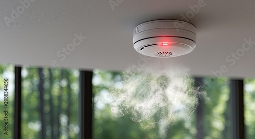 White ceiling-mounted detector emits red light and wisps of smoke
