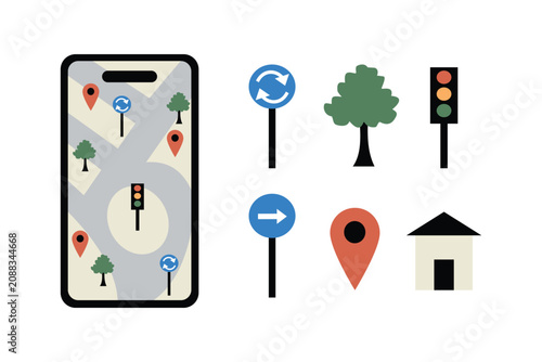 Navigation and Map Elements Set. GPS Navigation Flat Vector Elements Set. GPS Map Interface Icon Pack. Smartphone Interface.