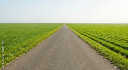 Endless Asphalt Road Through Lush Green Fields Under Clear Sky