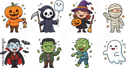 Cute cartoon Halloween characters pumpkin ghost witch mummy vampire Frankenstein zombie Grim Reaper festive spooky costume illustration artwork