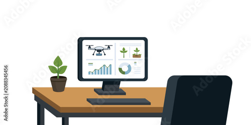 Drone Data Analysis on Computer Screen Illustration. Smart Drone Control and Analytics Screen. Work desk. Office desk.