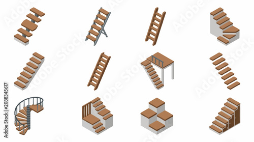 Foto Isometric wooden ladders and stairs collection.