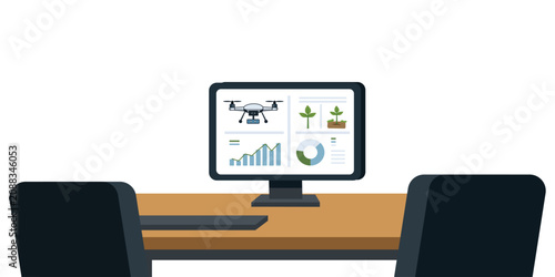 Smart Farming Drone Data Monitoring on Computer Illustration. Office working desk. Drone Monitoring Dashboard Illustration.