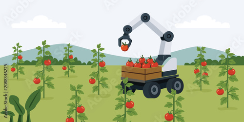 Robotic Arm Harvesting Tomato in Field Illustration. Smart Farming Robotic Arm Picking Tomatoes. Automated Tomato Harvesting Robot.