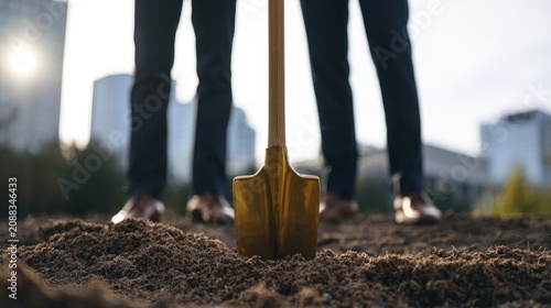 Golden shovel in soil with people in suits and cityscape backdrop