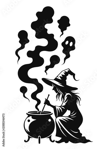 black silhouette of an old witch with a pot .eps