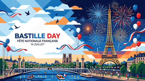 Bilde på lerret Festive bastille day celebration illustration featuring iconic landmark firework
