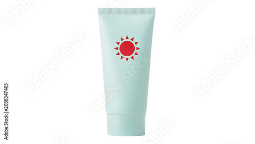 Light blue sunscreen cream tube with a red sun icon for summer skincare protection isolated on transparent background