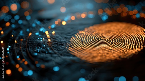 Glowing fingerprint on dark surface with bokeh lights