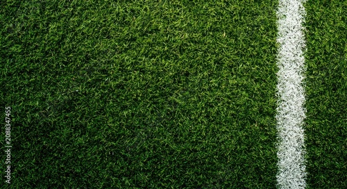 A close-up, high-angle view of vibrant green artificial turf with a stark white line