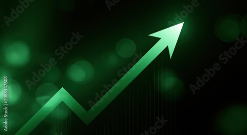A bright green arrow chart showing upward financial growth on a dark, bokeh background