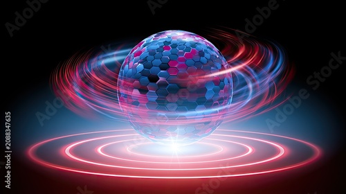 Luminous sphere with hexagonal patterns, surrounded by swirling energy