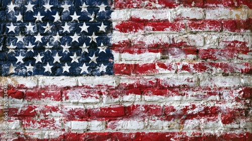 Distressed flag painted on weathered brick wall