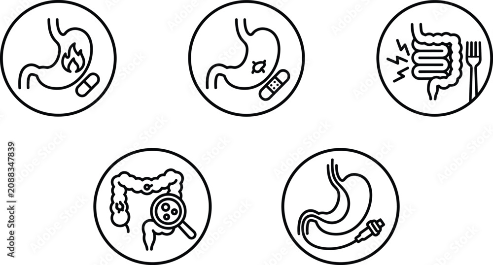 Fototapeta premium Gastrointestinal medical icons, stomach ulcer, acid reflux, digestive discomfort, colon examination, endoscopy procedure, healthcare illustration, digestive health vector design
