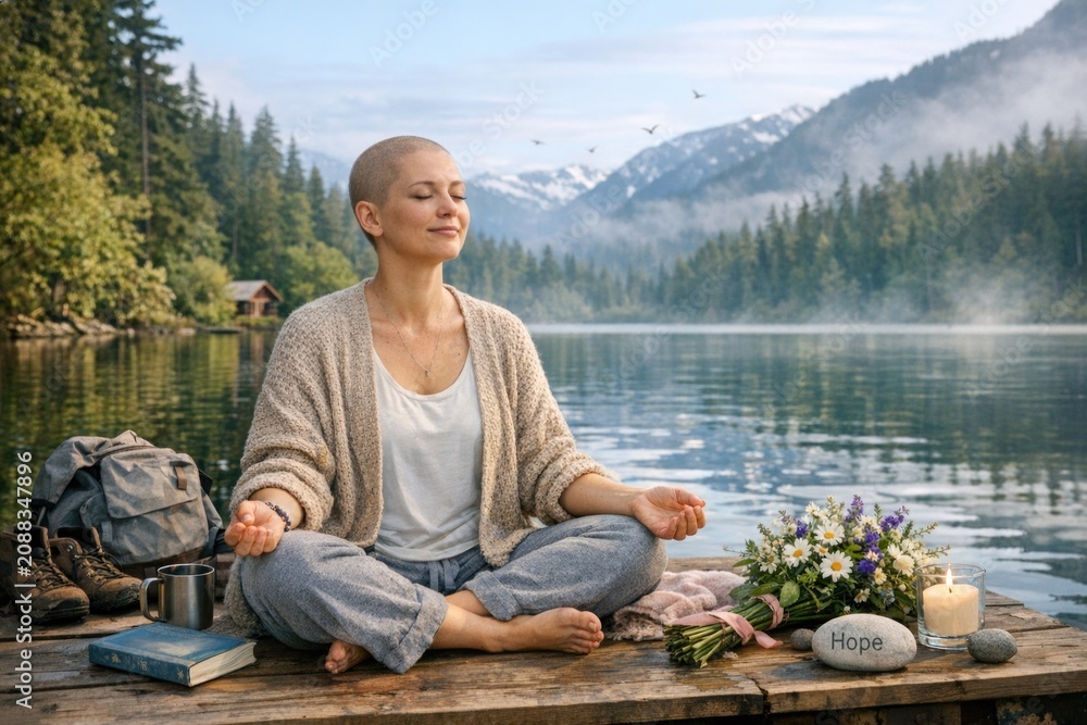 Fototapeta premium A person meditates on a dock overlooking a peaceful lake, great for yoga or wellness concepts