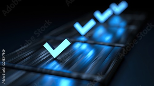Luminous checkmarks glow against a dark, reflective surface