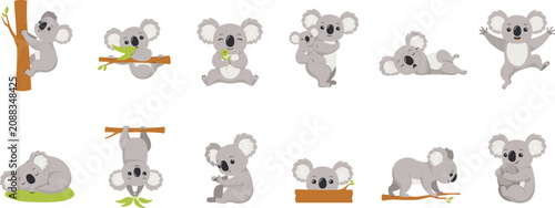 Cute Koala Cartoon Character Vector Icon Set Featuring Various Poses Like Climbing, Sleeping, Eating Eucalyptus Leaves, and Hugging for Kid Designs
