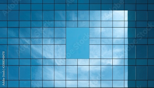 Reflective blue glass building facade with sky and clouds