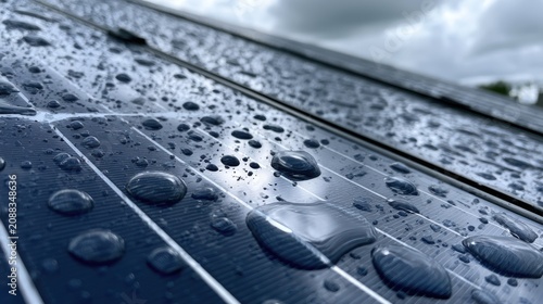 Close-up on dark solar panels covered in many glistening water droplets, overcast sky