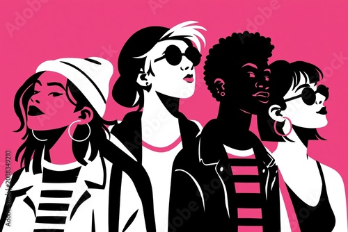 Four diverse women wearing sunglasses and stylish outfits on pink background