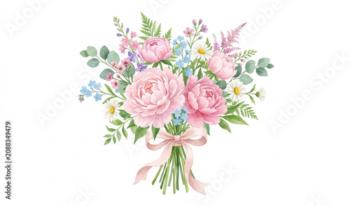 Beautiful Summer Peony and Forget Me Not Bouquet Vector Illustration