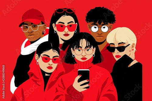 Group of six diverse young adults wearing sunglasses on red background