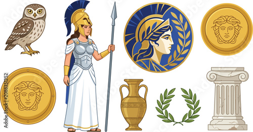 Greek Goddess Athena Vector Element Set with Owl Shield Medusa Profile Icon Spear Laurel Wreath Ancient Amphora Vase and Ionic Column for Mythology Design