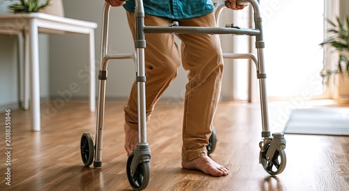 Elder person using a walker with wheels to move on wooden floor at home