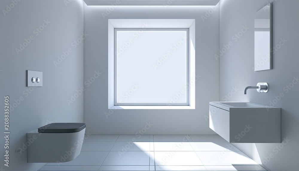Fototapeta premium Minimalist modern bathroom with wall-hung toilet, floating vanity, and large window