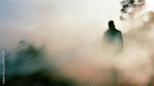 Silhouette of a person in hazy, diffused light, amidst abstract natural surroundings
