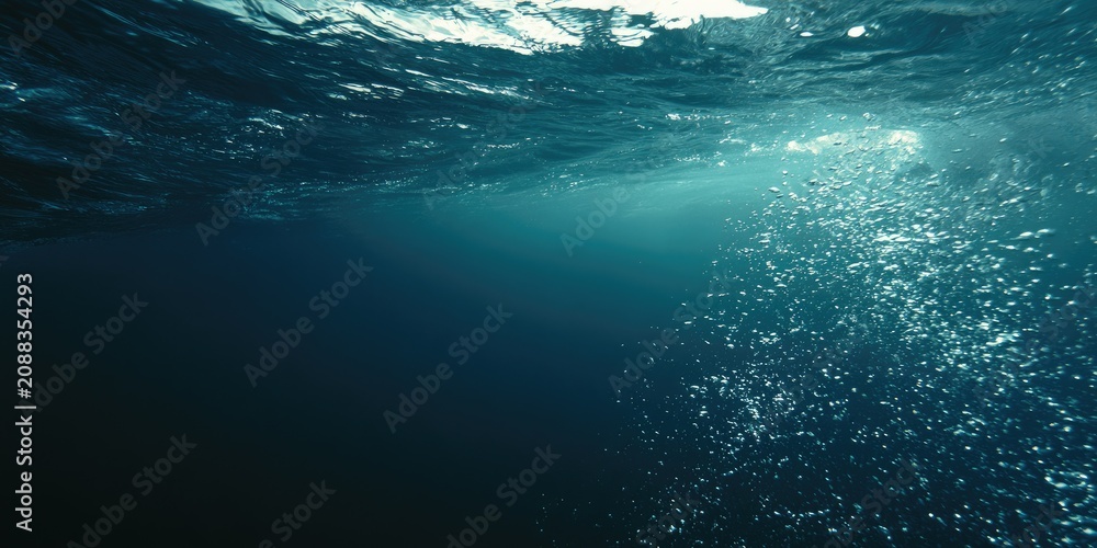 Fototapeta premium Underwater view of sunlight filtering through rippling ocean surface, bubbles rise