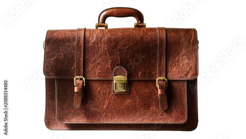 Canvastavla Vintage brown leather briefcase with brass buckles and clasp, isolated on transp