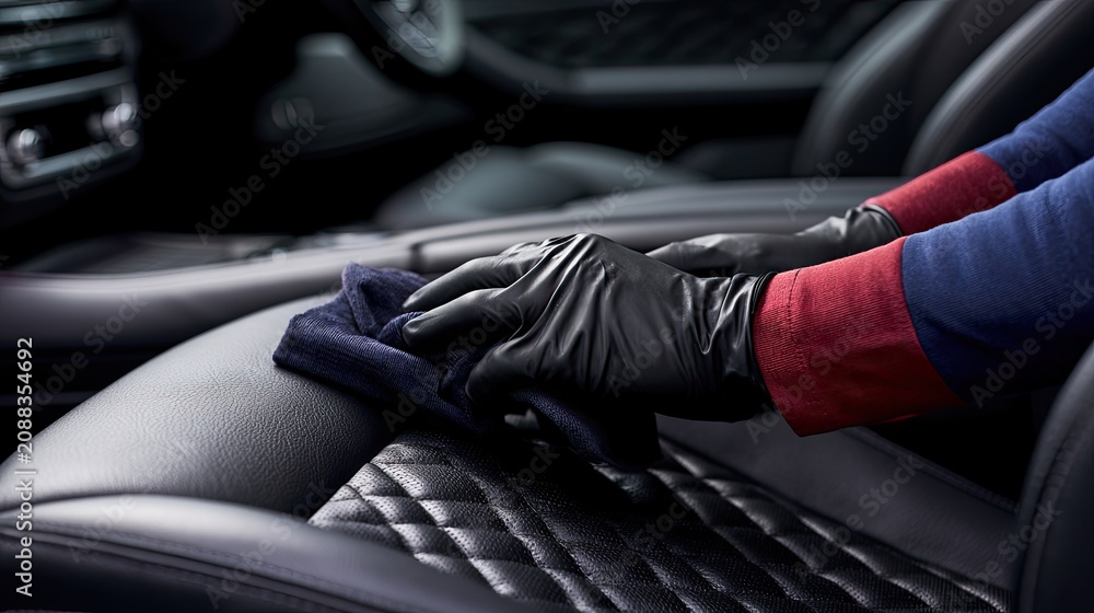 Fototapeta premium Hands in black gloves clean quilted car seat with dark cloth