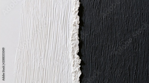 Stark contrast of textured white and black paint, divided by a rough, torn edge