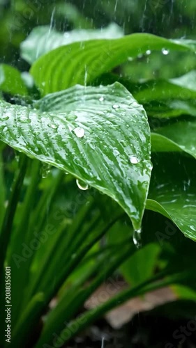Raindrops falling on lush green hosta leaves in a garden