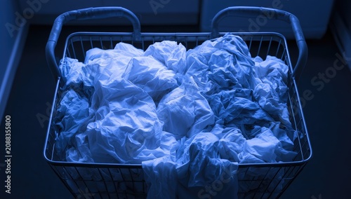 Metal hamper overflows with wrinkled white and dark laundry in blue light