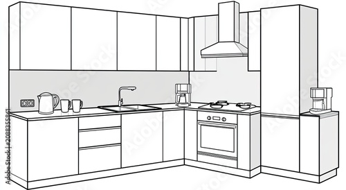 L-shaped kitchen interior sketch with appliances, cabinetry, and a sink