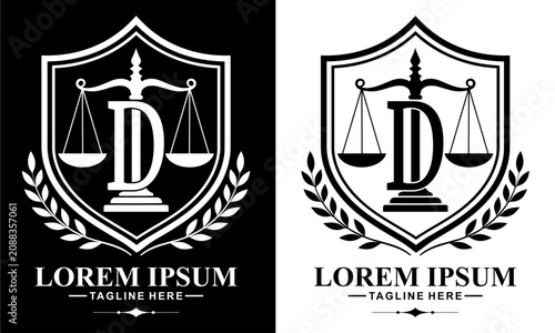 Monogram Initial Letter D Law Firm Justice Scale Shield Logo Vector
