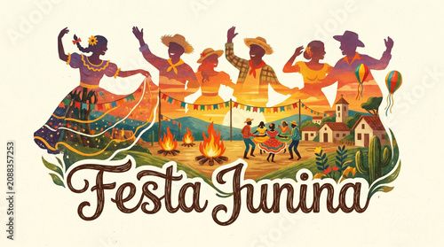 People dancing and celebrating Festa Junina in traditional outfits around bonfires and village decorations. Bright festive scene with rural elements and joyful mood.